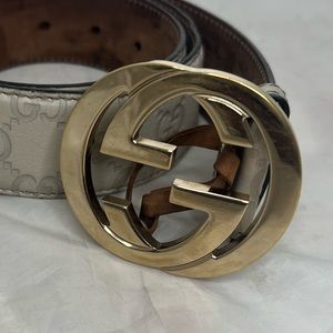 Authentic Gucci Cream Guccissima Leather Gold Interlocking G Buckle Belt 85/34